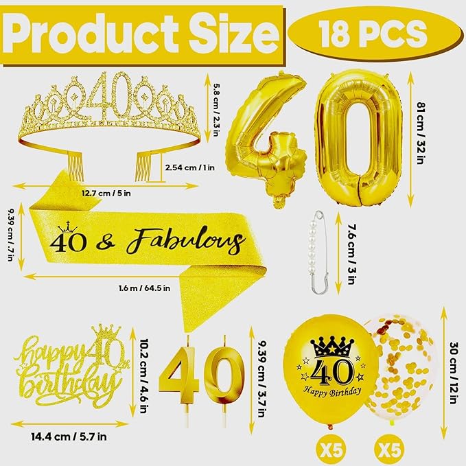 40th Birthday Decorations for Her Girls Set, Include 40th Birthday Crown and 40 Sash, 40th Birthday Cake Topper and 40 Birthday Candles, Gold 40 Balloons, Women 40th Party Supplies(Gold)