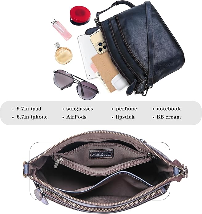 HESHE Crossbody Bags for Women Genuine Leather Purses with Multi-Pockets Vintage Ladies Small Shoulder Satchel Bag