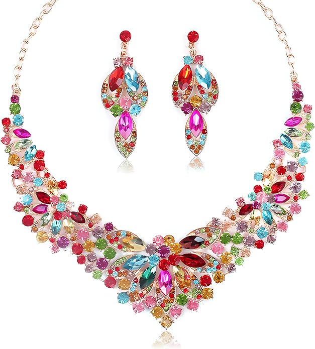 Women Jewelry Set Rhinestone Crystal Green Bride Statement Choker Necklace Teardrop Cluster Dangle Earrings Set for Wedding Party