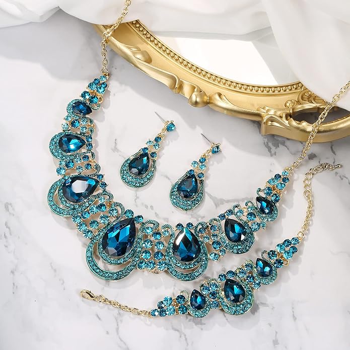 BriLove Women's Teardrop Crystal Statement Necklace Cluster Hollow Dangle Earrings Chain Bracelet Bib Jewellery Set for Wedding Bride Bridesmaid