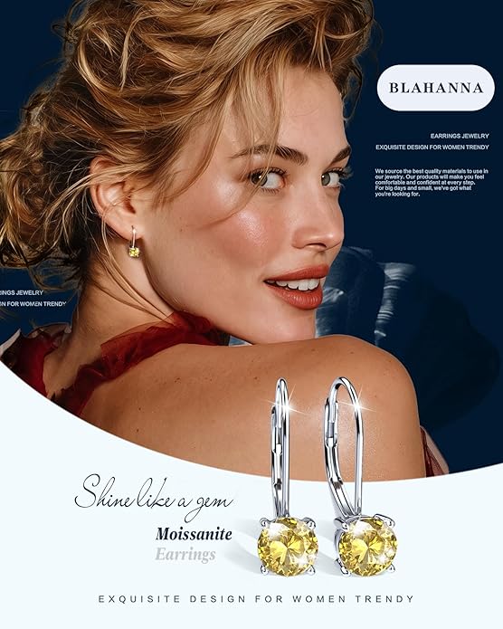 Moissanite Earrings,1.0ct-2.0ct D Color Brilliant Round Cut Earring 18K White Gold Plated Sterling Silver Dangle Earrings Moissanite Leverback Drop Earring s