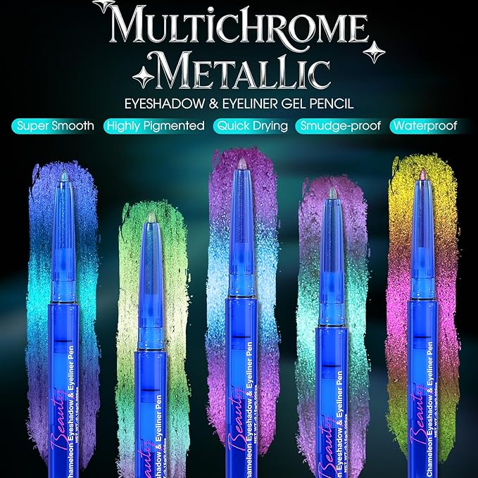 Chameleon Metallic Eyeshadow & Eyeliner Gel Pencil – Multichrome Shifting Colors Glitter Eye Makeup, Waterproof Long-Lasting Smudge-Proof Duochrome Pencil (Electric Blue to Royal Purple)