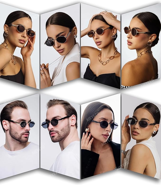 AIEYEZO Retro Oval Sunglasses for Women Men Trendy Fashion Round Sun Glasses Oval Metal Framed Shades