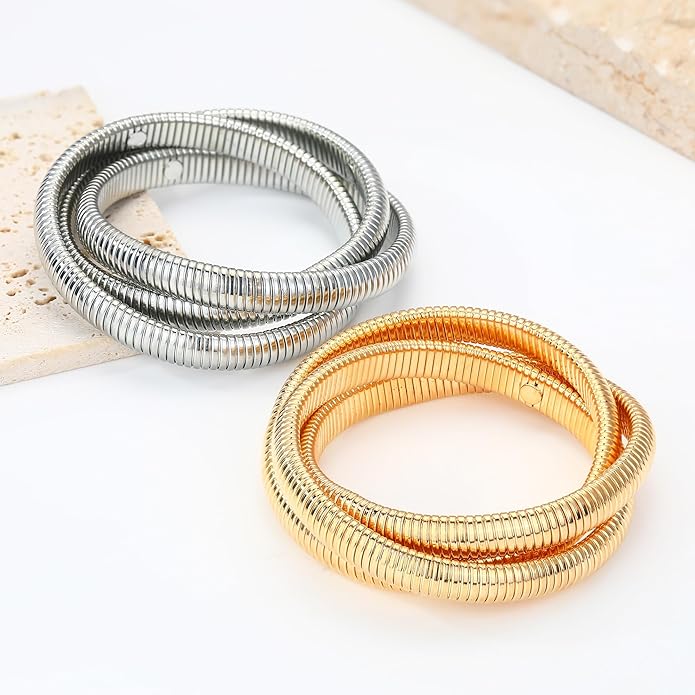 MISS RIGHT Gold Chunky Stretch Snake Chain Bangle Bracelets Stack for Women Trendy, 18K Gold Filled Stainless Steel Stretchy Womens Stackable Wristband Bangles Bracelet Set