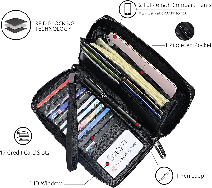 Women's Genuine Leather RFID Blocking Zip Around Wallet with Phone Pocket Large Capacity Travel Wristlet (Black)