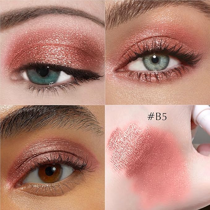 Dusty Rose Shimmer Eyeshadow Stick, Cream Eyeshadow Long-Lasting Crease-Proof Neutral Glitter Eye Shadow Eyeliner Pencil High Pigmented Highlighter Makeup with Blending Brush