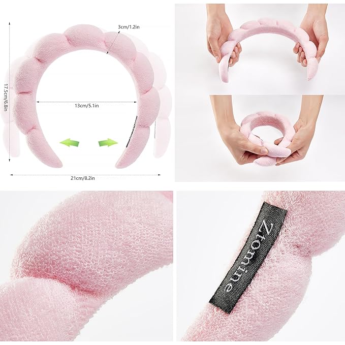 Spa Headbands - Set of 2: Terry Cloth Face Wash Headbands - Puffy Pink + Turquoise Combo Pack