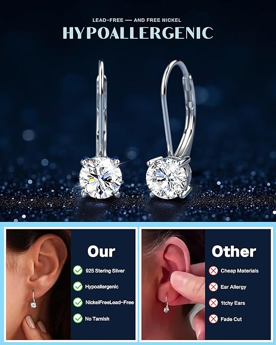 Moissanite Earrings,1.0ct-2.0ct D Color Brilliant Round Cut Earring 18K White Gold Plated Sterling Silver Dangle Earrings Moissanite Leverback Drop Earring s