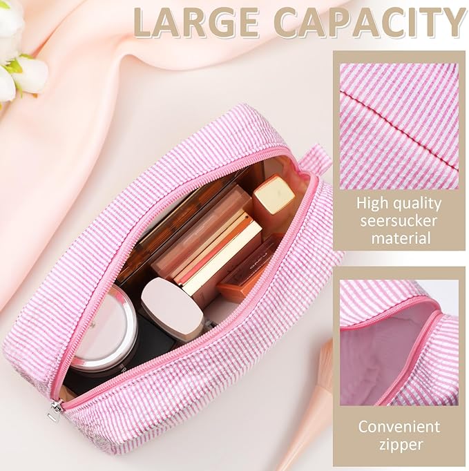 Sanwuta 3 Pcs Seersucker Makeup Bags Seersucker Cosmetic Bags Striped Women Large Travel Toiletry Organizer Preppy Storage Pouch for Embroidery Wedding Bridesmaid Gifts(Pink, Light Blue, Purple)
