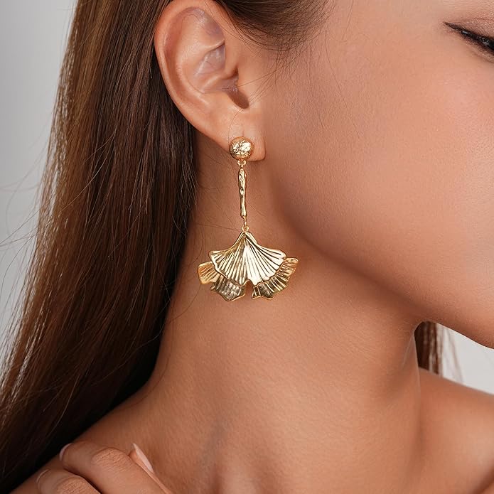Large Gold Earrings for Women, Chunky Gold Statement Drop Dangle Earring Maple Leave Ginko Leaf Jewelry Gifts