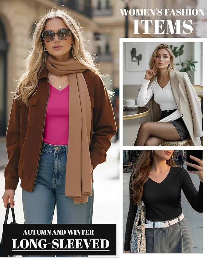 Ficerd 3 Pack Women's Long Sleeve Shirts, V Neck Basic Tees Slim Fitted Casual Fall Tops Going Out Blouses T Shirts