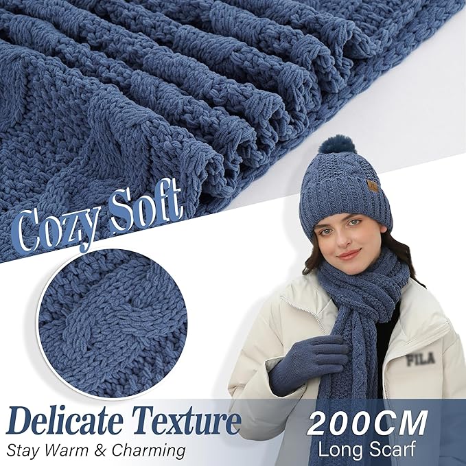 Womens Winter Beanie Hats Scarf Touchscreen Gloves Set Chenille Knit Fleece Lined Beanies Pompom Hat Scarves