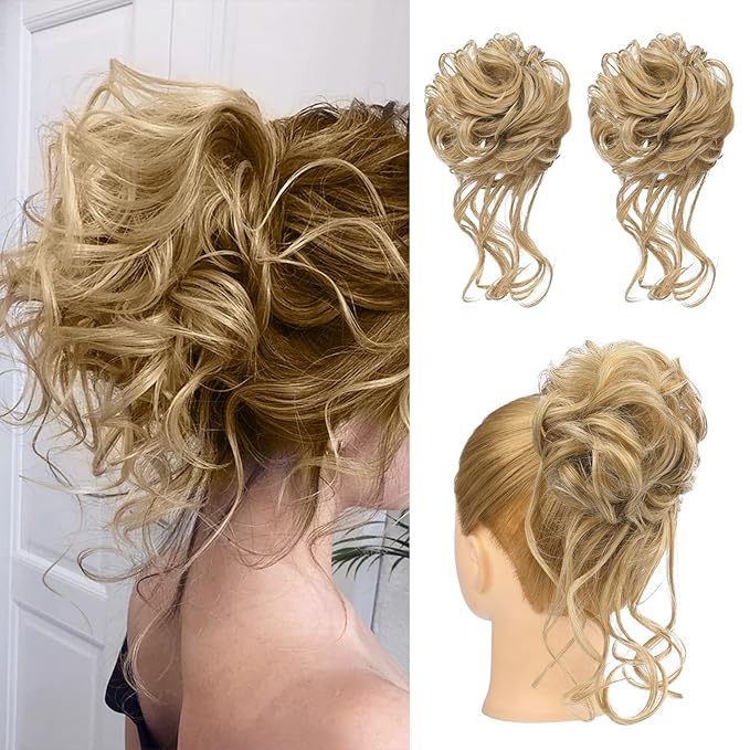 HOOJIH 2PCS Messy Bun Hair Piece, Tousled Updo with Tendrils Hair Bun Extensions Wavy Curly Hair Wrap Ponytail Hairpieces Hair Scrunchies for Women HB010 Dasiy - Medium Golden Blonde