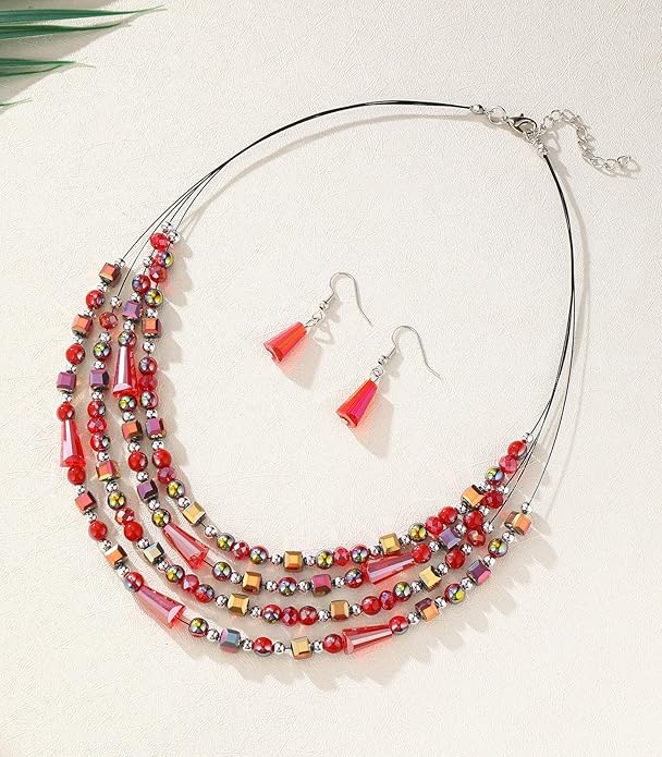 Layered Beaded Statement Necklace Multi Strand Crystal Beads Collar Necklace and Earring Sets for Women Fashion Costume Jewelry Set Gifts for Her