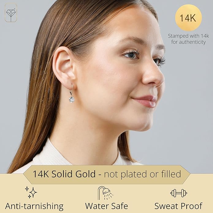 14k Gold Leverback Cubic Zirconia Dangle Earrings | Solid Real White or Yellow Gold Dangle Earrings for Women | 1-8 CT.TW 14k Gold Earrings for Women | CZ Cubic Zirconia Drop Earrings by MAX + STONE