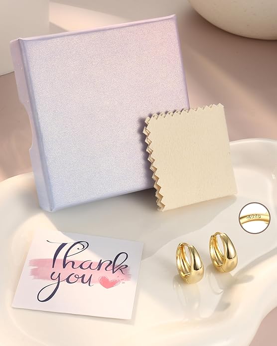 14K Gold Plated Small Chunky Hoop Earrings Sterling Silver Post - Hypoallergenic Trendy Thick Lightweight Silver Plated Huggie Hoops Dainty Hoop Earrings for Women Non Tarnish Jewelry Gifts