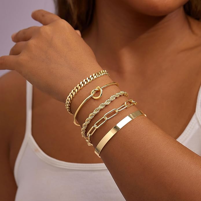 Gold Bracelets Set for Women Non Tarnish, 14K Gold Plated Sterling Silver Chunky Cuff Bracelet Stackable Gold Bangles Bracelet for Women Trendy Fashion Accessories Tie Knot Cuban Rope Paperclip Beaded Bracelet Stack Jewelry Valentines Day Gifts