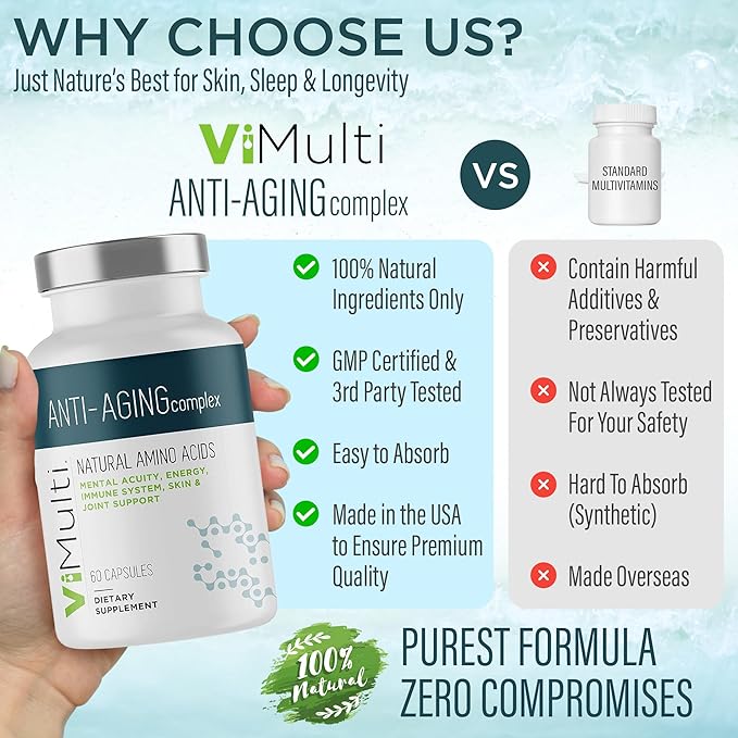 Anti-Aging Natural Amino Acids Supplement for Women & Men – Supports Immune Health, Energy, Smoother Skin Tone, & Restorative Sleep, Anti-Aging Supplement Pills for Longevity, 60 Capsules