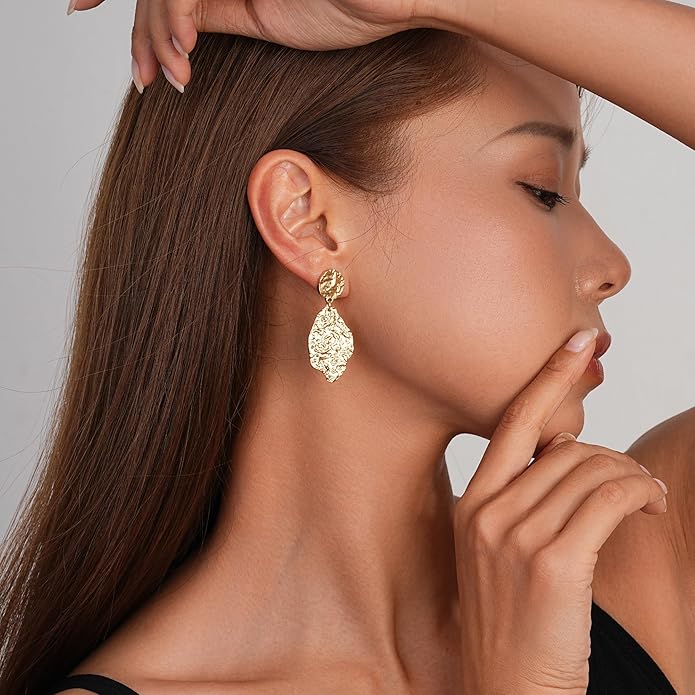 Large Gold Earrings for Women, Chunky Gold Statement Drop Dangle Earring Maple Leave Ginko Leaf Jewelry Gifts