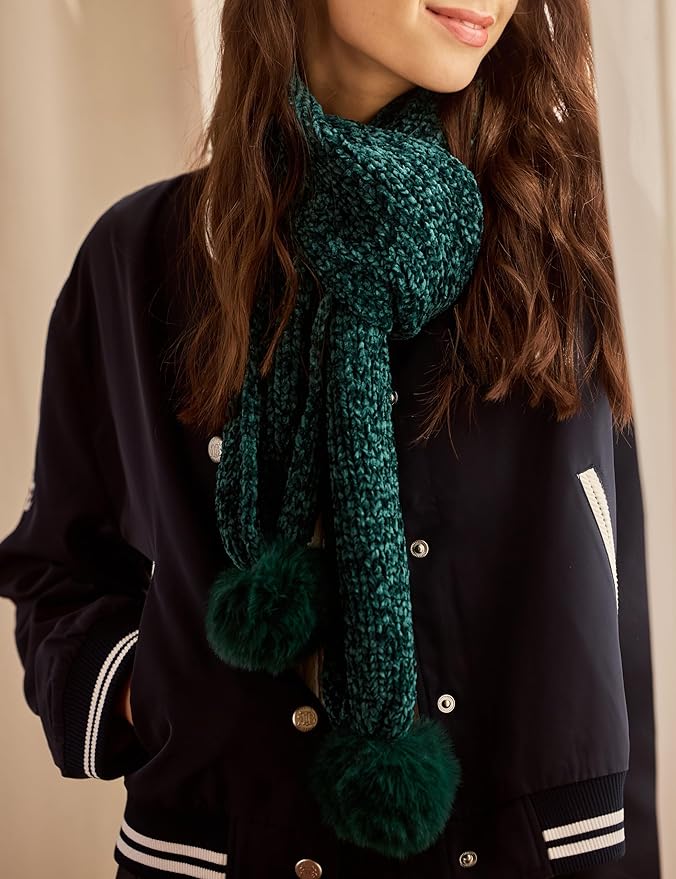Womens Chenille Scarf with Pompom Winter Knit Warm Scarves for Cold Weather with Gift Box