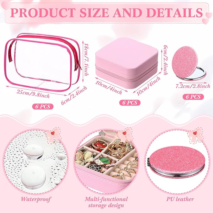 Spa Party Favors Pink Sleepover Party Supplies Bow Headband Wristband Scrunchies Hair Clip Jewelry Case Makeup Bag Mirror for Women Bridesmaid Return Gifts(Pink,48 Pcs)