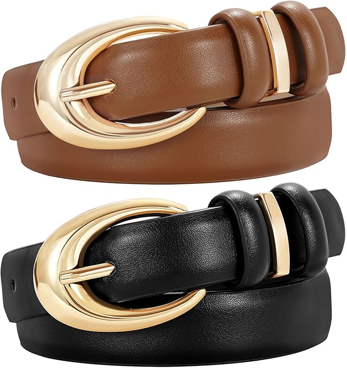 TRIWORKS 2 Pack Women Leather Belt for Jeans Pants Fashion Ladies Skinny Faux Leather Belt with Gold Buckle