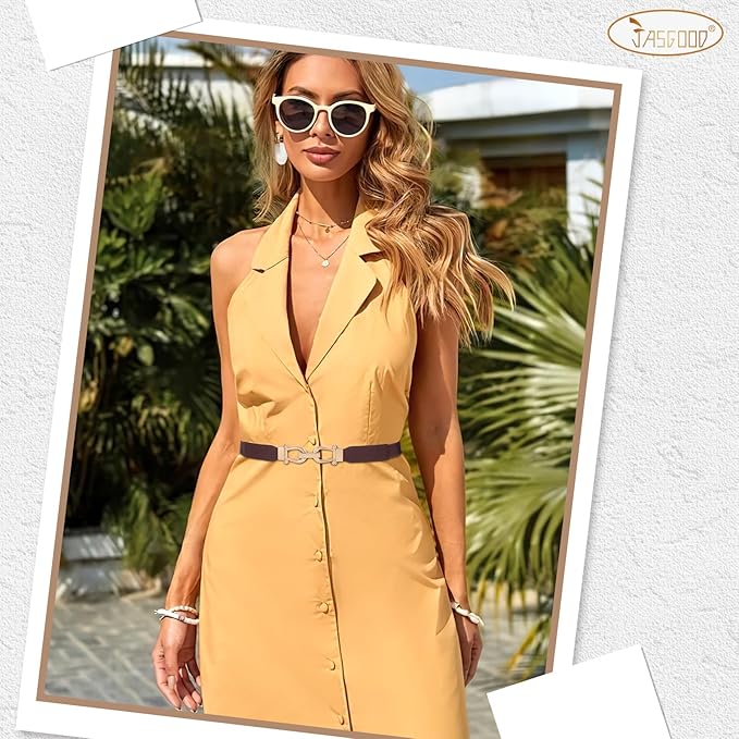 JASGOOD Women Stretchy Waist Belt Retro Elastic Skinny Belt for Ladies with Gold Buckle
