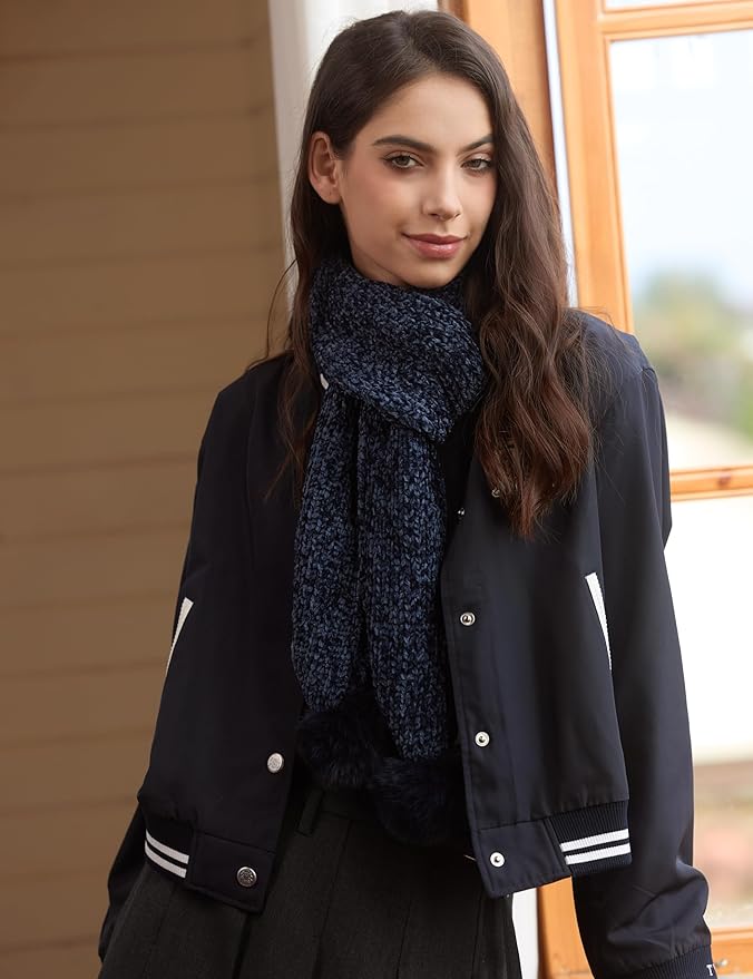 Womens Chenille Scarf with Pompom Winter Knit Warm Scarves for Cold Weather with Gift Box