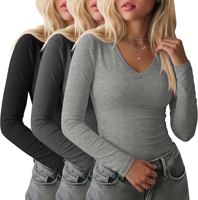 Ficerd 3 Pack Women's Long Sleeve Shirts, V Neck Basic Tees Slim Fitted Casual Fall Tops Going Out Blouses T Shirts