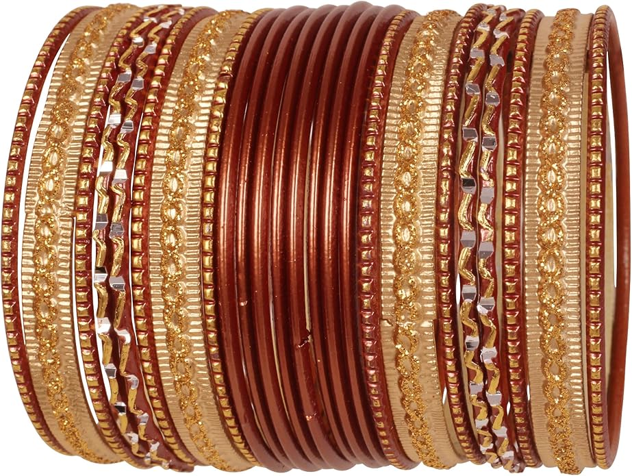 Touchstone Indian Metal Bangles for Women Gold Alloy Bracelets desi 2 Dozen Bangle Collection Bollywood Women's Jewelry Set Multi Stacking Wide Chunky Textured Golden Set of 24 in Gold or White Tone
