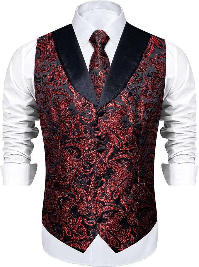 DiBanGu Mens Paisley Suit Vest Silk Jacquard Waistcoat and Necktie Set Formal Shawl Collar Dress Vest 7PCS for Wedding Party