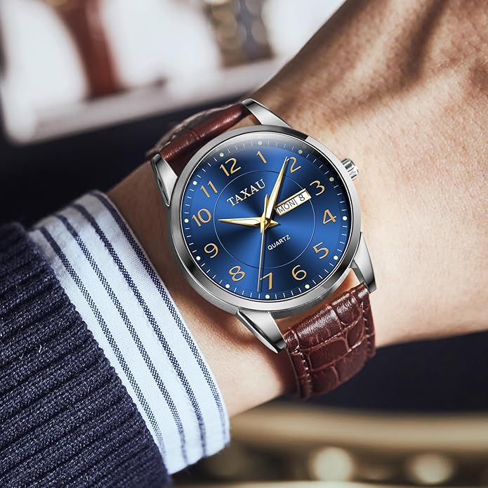 Watch Men,Big Face Watch for Men,Leather Band Wrist Man Watches,Classic Date Day Watches Mens Analog Waterproof Relojes para Hombres Blue/Gray/White/Black Dial