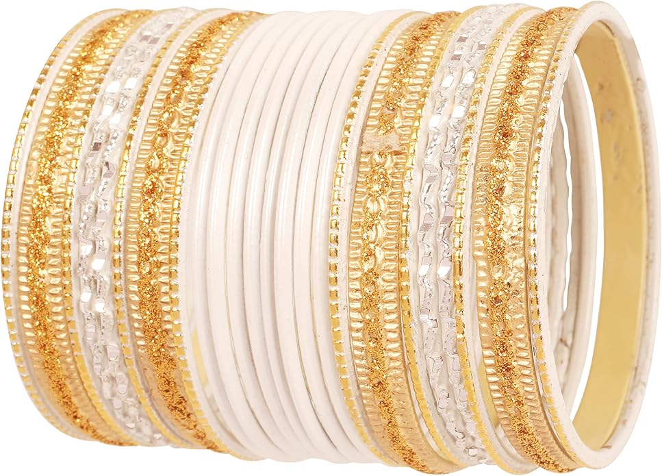 Touchstone Indian Metal Bangles for Women Gold Alloy Bracelets desi 2 Dozen Bangle Collection Bollywood Women's Jewelry Set Multi Stacking Wide Chunky Textured Golden Set of 24 in Gold or White Tone