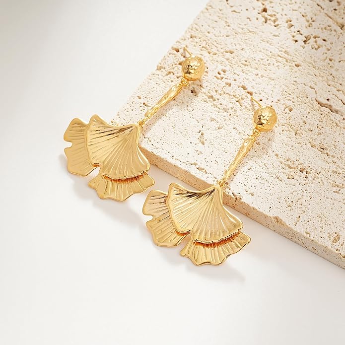 Large Gold Earrings for Women, Chunky Gold Statement Drop Dangle Earring Maple Leave Ginko Leaf Jewelry Gifts