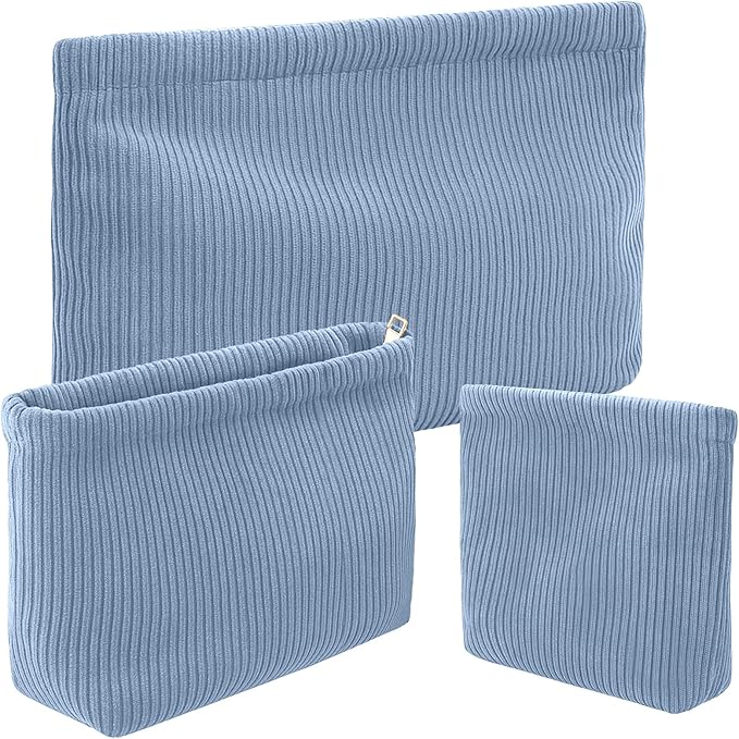 Sanwuta 3 Pack Corduroy Makeup Bag Set Cosmetic Toiletry Travel Pouch Organizer Velvet Makeup Bag for Women Large Pouch Zipper Purse Make up Organizer, Women Girls Gift(Misty Blue)