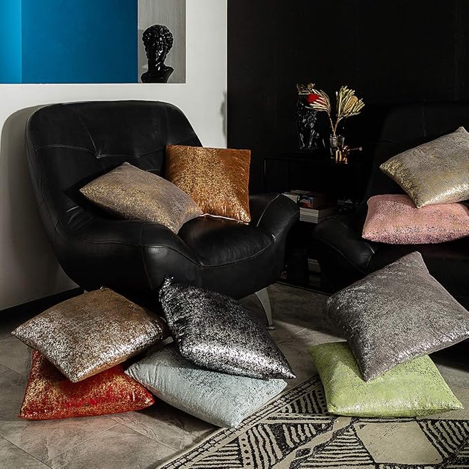 Pack of 2, Shimmery Pillow, Soft Solid Color Sparkling Decorative Square Throw Pillow Covers Set, Cushion Cases Pillowcases for Sofa Bedroom Car, 18 x 18 Inch 45 x 45 cm (Silver- Black)