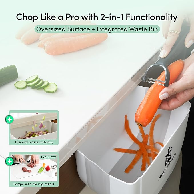 2-in-1 Clear Acrylic Cutting Board with Bin & counter lip – Extra Large countertop acrylic board 23.8 x 17.7 in (60 x 45 cm), Mess-Free, Space-Saving Chopping Board for Kitchen