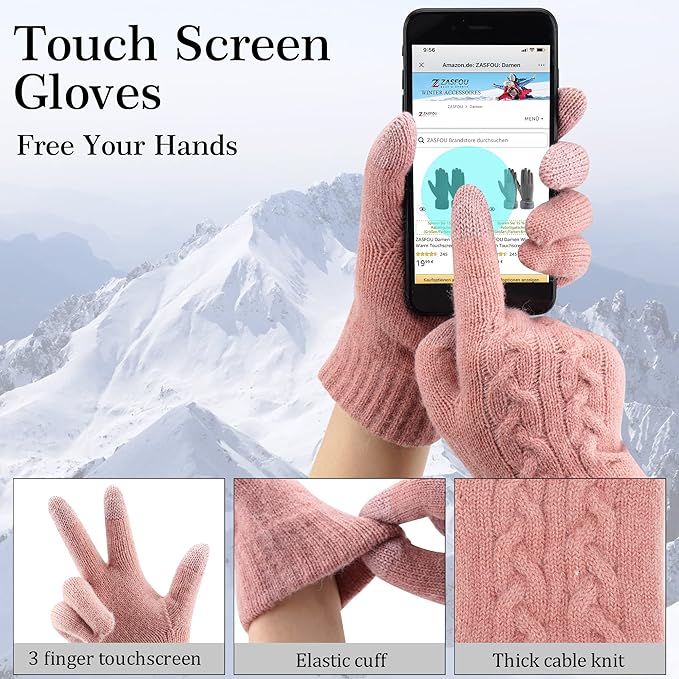 Womens Winter Beanie Hats Long Scarf Touchscreen Gloves Set Warm Knit Skull Caps Gifts for Women