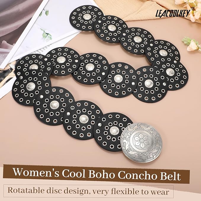 LEACOOLKEY Women's Boho Disc Belt Wide Western Leather Belt Vintage Concho Waist Belts for Dress Jeans