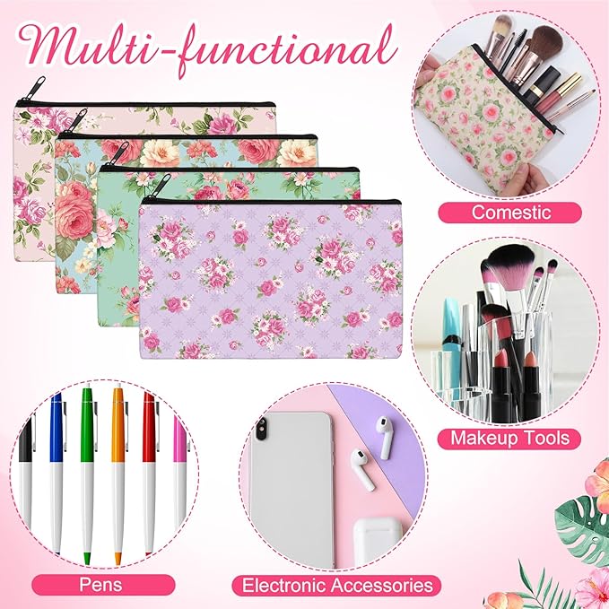 Reginary 20 Pieces Cosmetic Bag for Women, Roomy Makeup Bags with Zipper Toiletry Bag Pouch Travel Accessory Organizer Gifts, 7 x 4.3 Inches(Pink Flower)