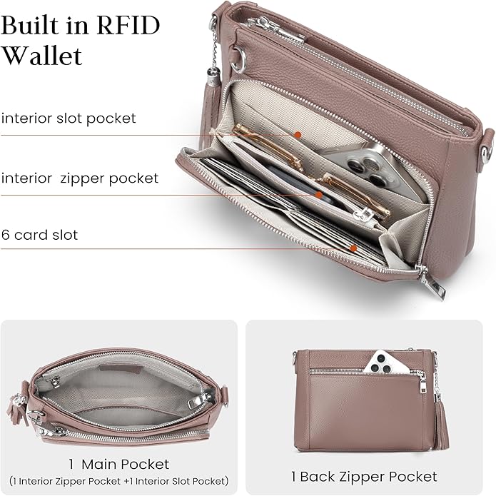 befen Anti Theft Genuine Leather Crossbody Bags for Women Handbags and Shoulder Basg with Built in Wallet RFID Leather Purse