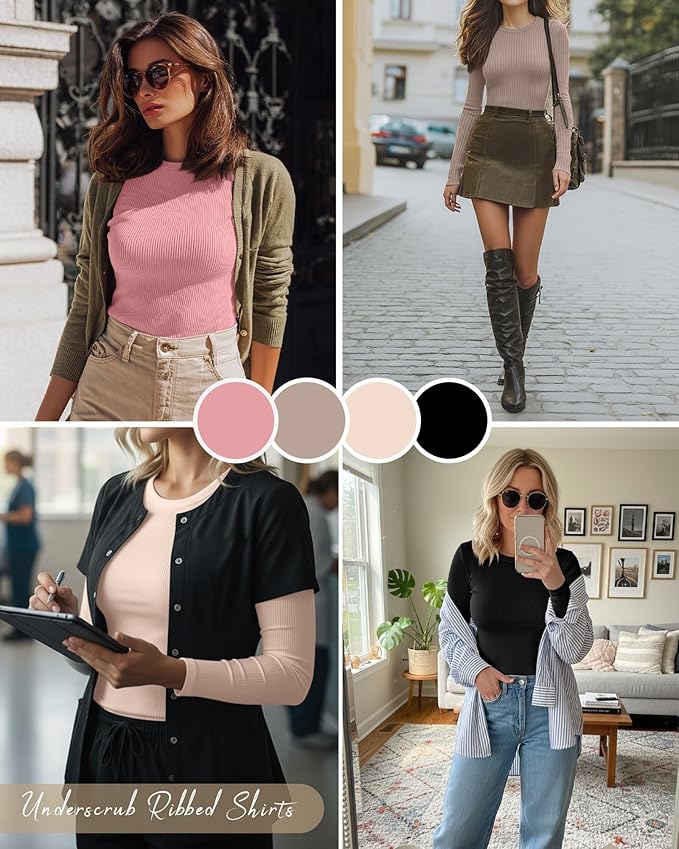 Neer 4 Pack Women's Ribbed Long Sleeve Shirts, Cotton Crew Neck Slim Fit Tops Stretch Knit Casual Base Layer Basic Tee Shirts