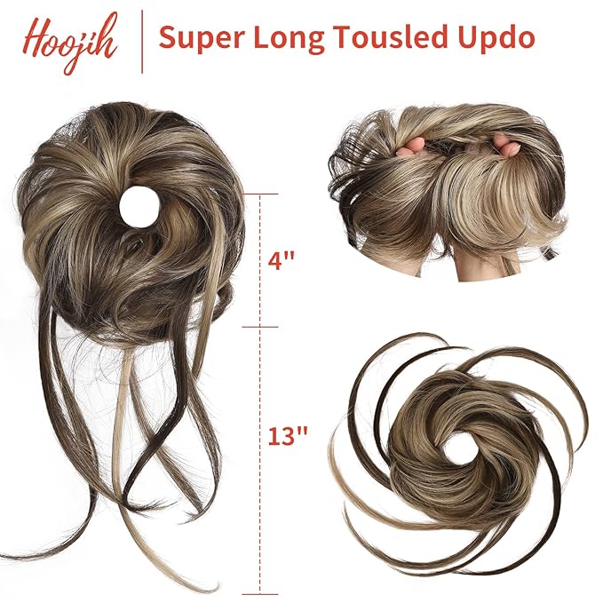 HOOJIH Messy Bun Hair Piece, Super Long Tousled Updo Hair Bun Extensions Wavy Wrap Ponytail Hairpieces Scrunchies with Elastic Band HB007 Grace - Chocolate Brown Ash Blonde Highlights