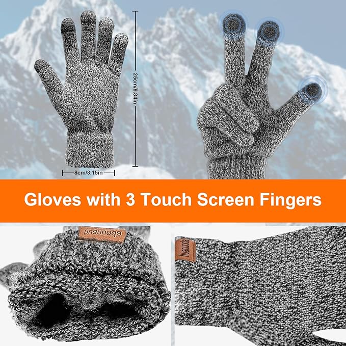 3PCS Winter Beanie Hat Scarf Touchscreen Gloves Set for Men and Women, Knitted Fleece Lined Hats Thermal Gloves Long Scarf