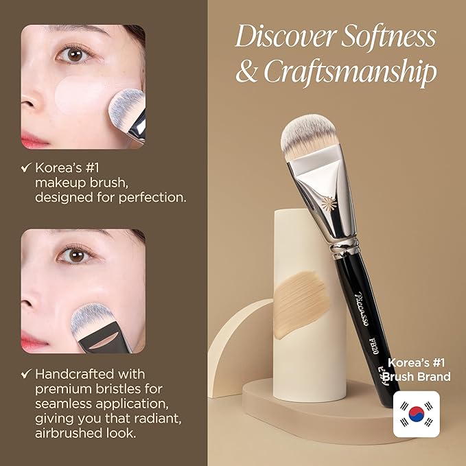 Piccasso Precision Base Set – FB20 Foundation Brush + 6P Latex Round Makeup Sponges, Korean Beauty Tools for Flawless Coverage, Dewy & Matte Finish, Seamless Blending Kit