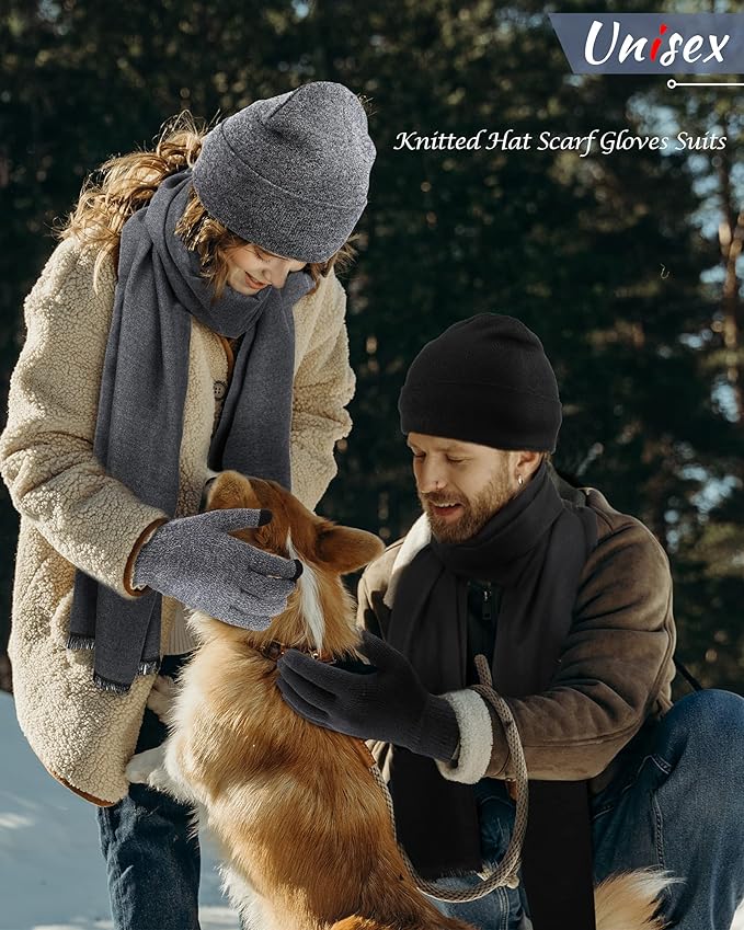 SATINIOR 6 Pcs Winter Knit Beanie Hat Scarf Touchscreen Gloves Set Warm Skull Cap Gifts for Men Women(Black, Gray)