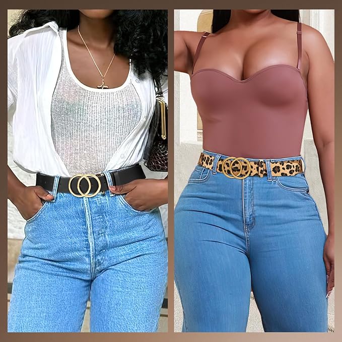 SANSTHS 2 Pack Women Leather Belts Faux Leather Jeans Belt with Double O Ring Buckle