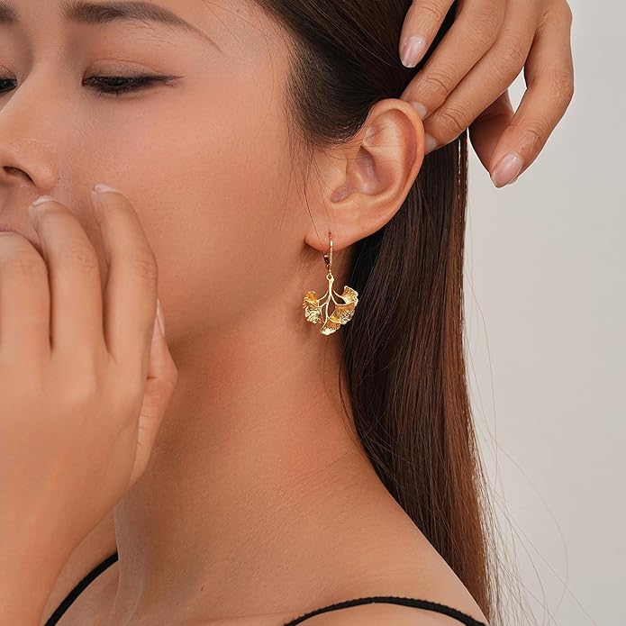 Large Gold Earrings for Women, Chunky Gold Statement Drop Dangle Earring Maple Leave Ginko Leaf Jewelry Gifts