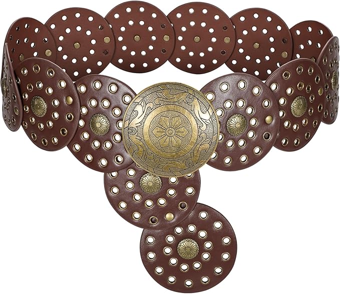LEACOOLKEY Women's Boho Disc Belt Wide Western Leather Belt Vintage Concho Waist Belts for Dress Jeans