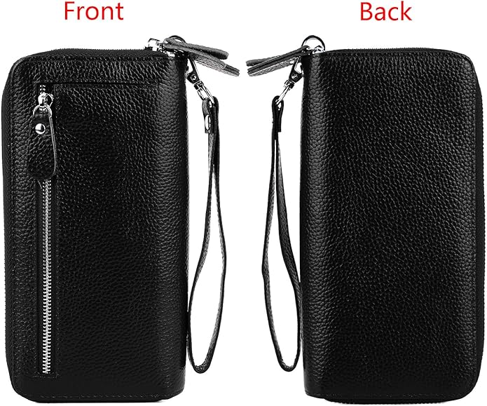 YALUXE Real Leather Zip Around Wallet RFID Blocking Wristlet Handbag Purse Clutch with Double Zipper Pockets